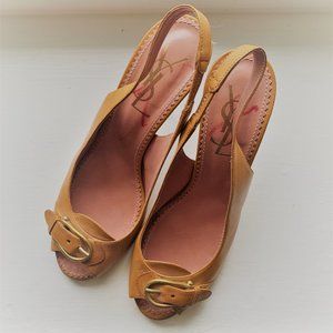 YSL Yves Saint Laurent Saddle Brown Leather Slingback Peep Toe Buckle Pumps